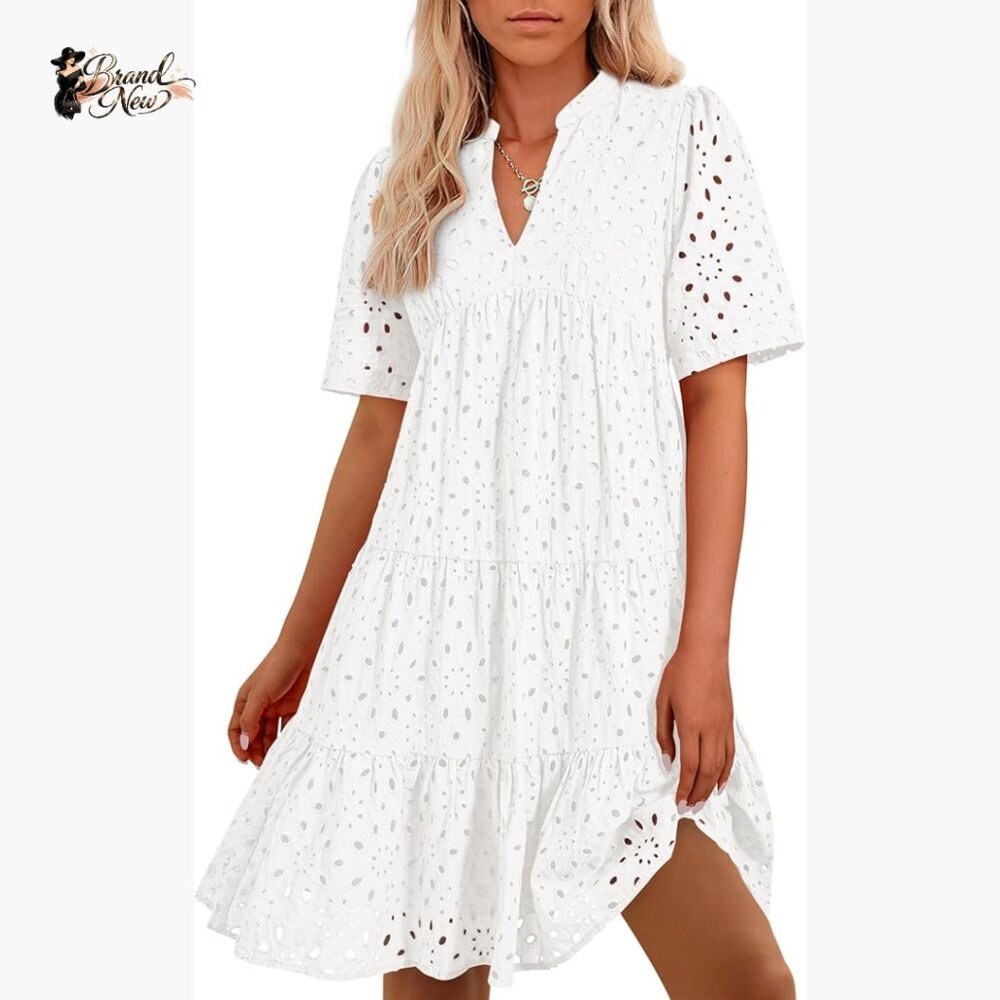 V-Neck Short Sleeve Hollow Out Lace Mini Dress A-Line Casual Beach